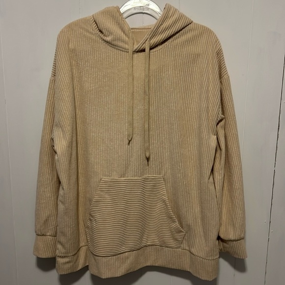 Tops - Long Sleeve Ribbed Corduroy Hoodie Tan Size Large